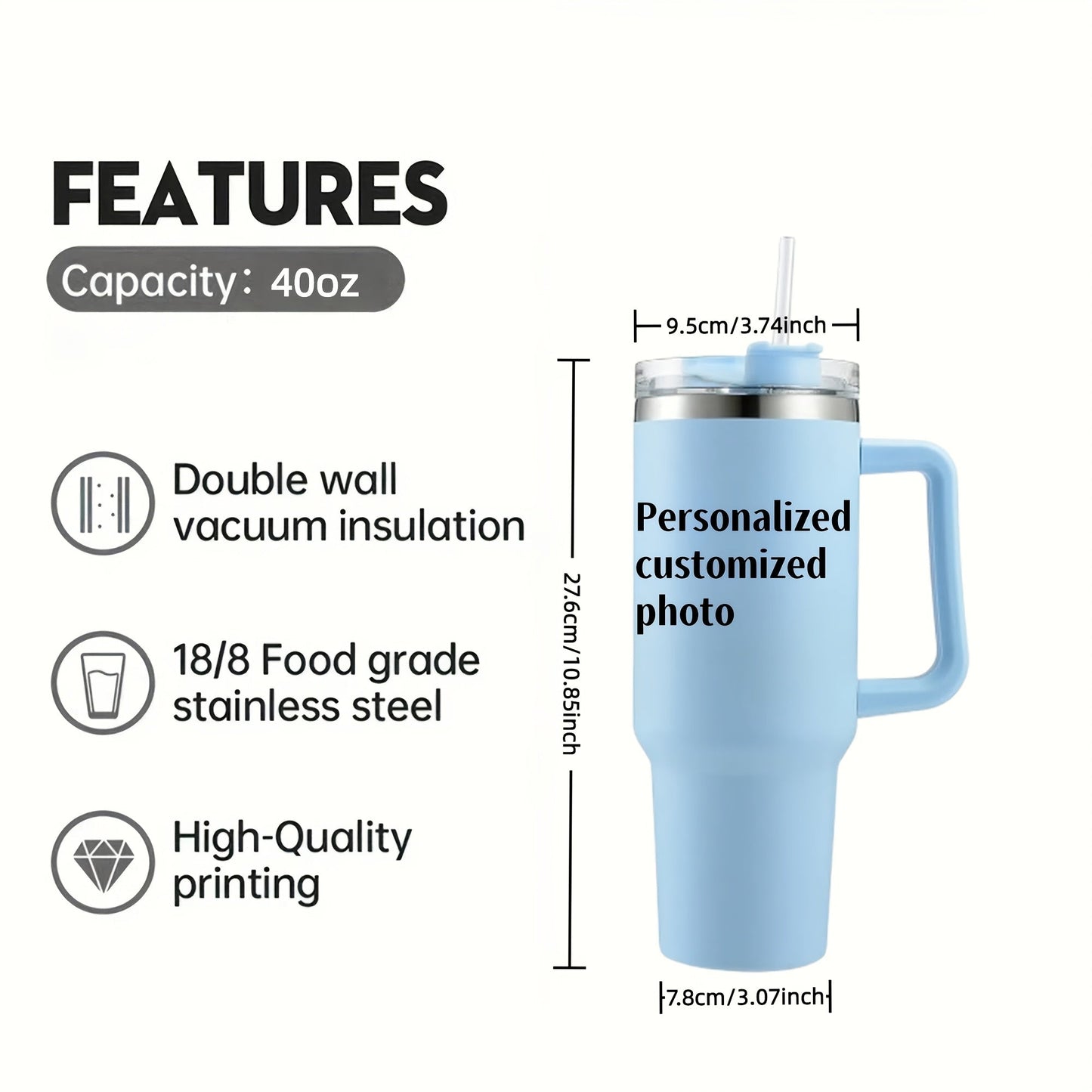 Stainless Steel Tumbler with Straw and Lid - Customizable 40oz Personalized Insulated Coffee Mug with Photo & Text, Perfect Gift for Valentine's Day, Christmas, Parents, Friends, and Lovers - No Power Required