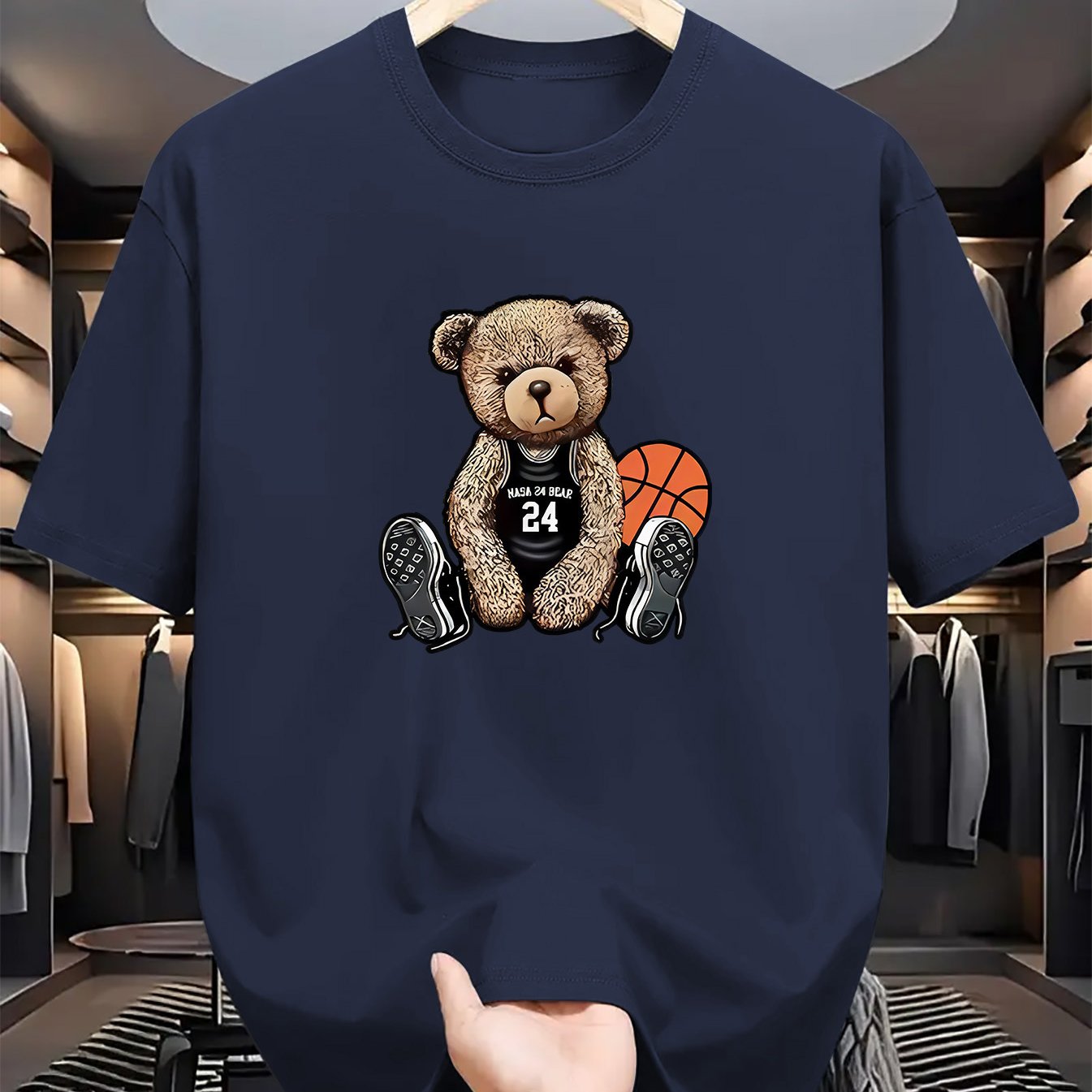 Men's Casual Bear Print T-Shirt: Crew Neck, Short Sleeve, Machine Washable