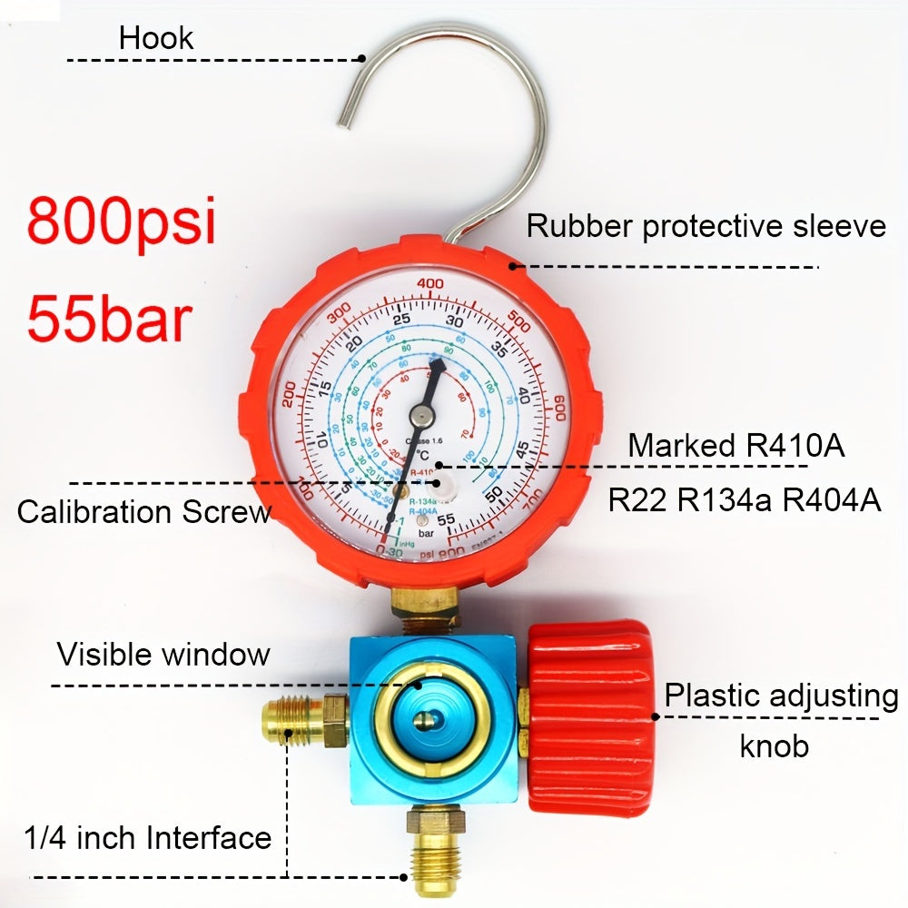 Three-Way Manifold Pressure Gauge Valve for R407C, R22, R134a, R404A Refrigerants, Compatible with Red/Blue Tool Air Conditioner