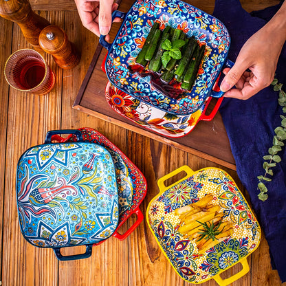 9-inch Bohemian style ceramic salad bowl with handles. Vibrant floral and geometric patterns. Oven and microwave safe. Ideal for baking, serving pasta, or salads. Great for salad serving or as vibrant patterned plates. A versatile addition to your