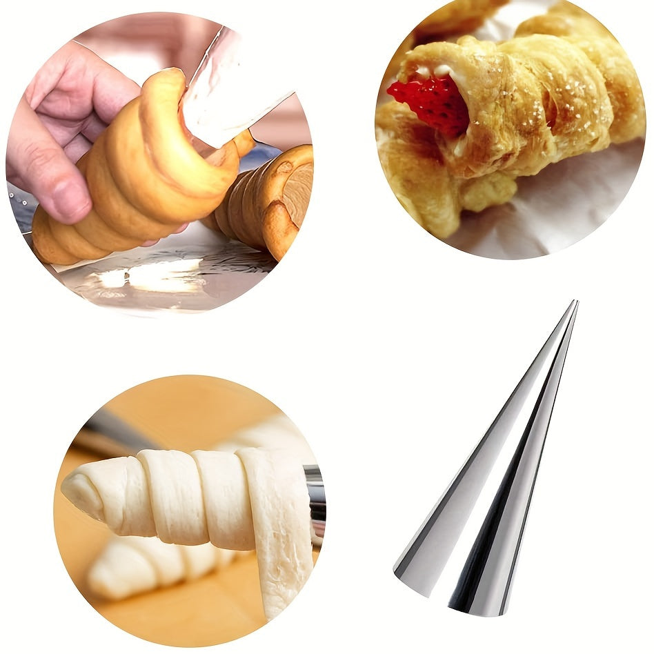 Set of 30 stainless steel cone-shaped molds for making croissants, cannolis, cream rolls, puffs, waffle cones, and more baking supplies and kitchen gadgets.