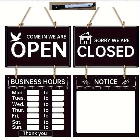 Enhance your bar with our sophisticated double-sided hanging sign for "Open/Closed" featuring a stylish retro design. Crafted from durable black acrylic, this elegant sign includes a pen for easy customization of business hours and customer notes.