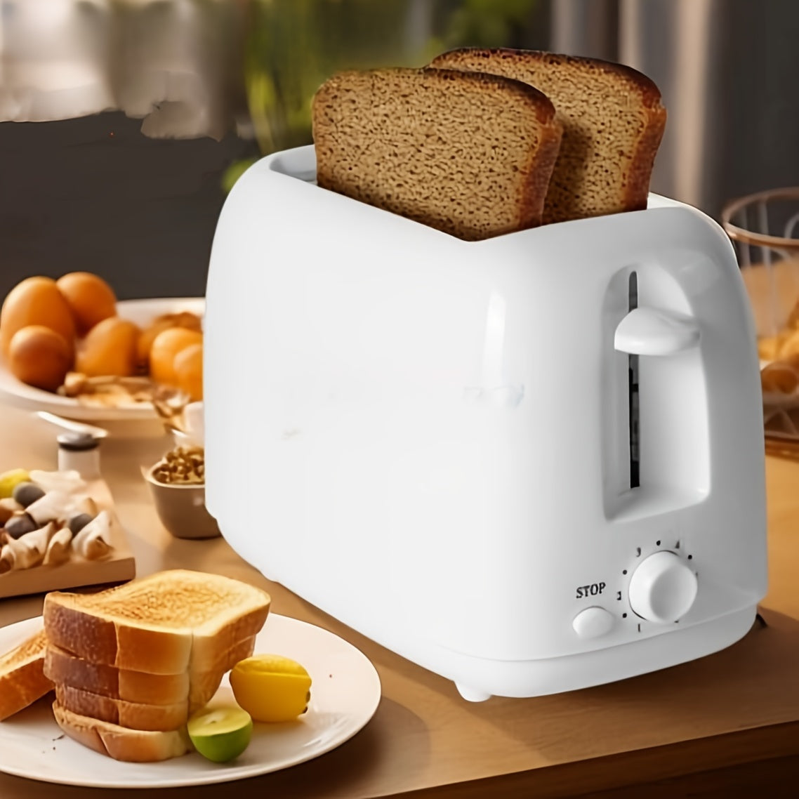 European standard 2-slice stainless steel toaster with auto shut off, extra wide slots, defrost & reheat function, knob control and removable crumb tray in white. Suitable for toasting