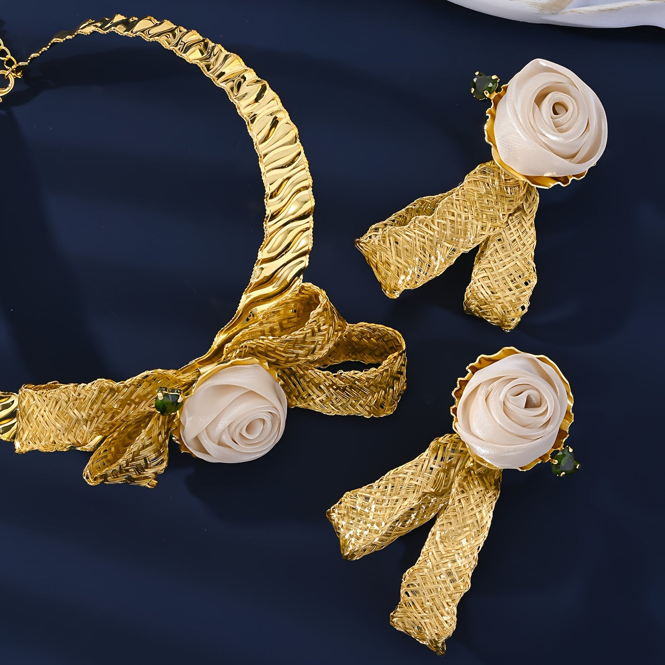 Middle Eastern Wedding Jewelry Set - Golden Rose Necklace, Exquisite Rose Earrings, and Ring. 4 pieces in total, perfect gift for a party or special occasion. Women's Jewelry Set.