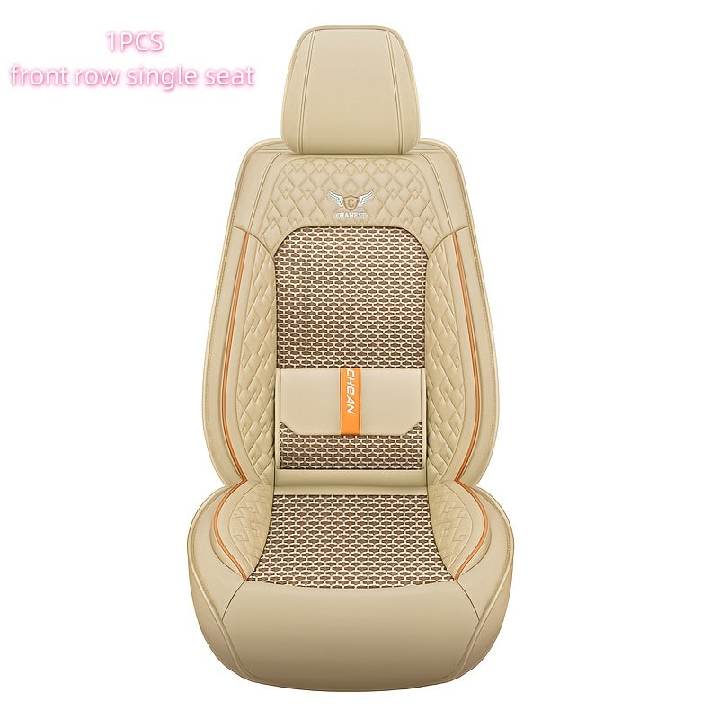 Luxury car seat covers for 5-seat cars in navy blue with orange accents. Made of breathable mesh and PU leather for maximum comfort. Ergonomic contour fit. Includes headrest. Vehicle