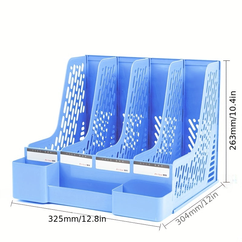 Desktop file rack with pen holder, ideal for organizing office supplies.