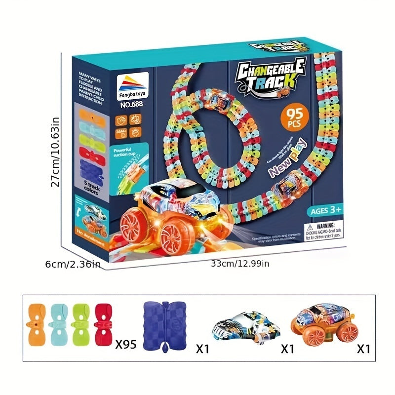 Electric track car set for kids - colorful, stick-on and hangable - great birthday gift, batteries not included.