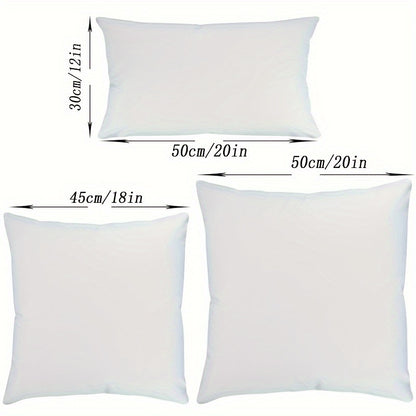 Two contemporary white throw pillow covers measuring at 45.72x45.72 cm made from soft polyester with zipper closure for home décor, machine washable.