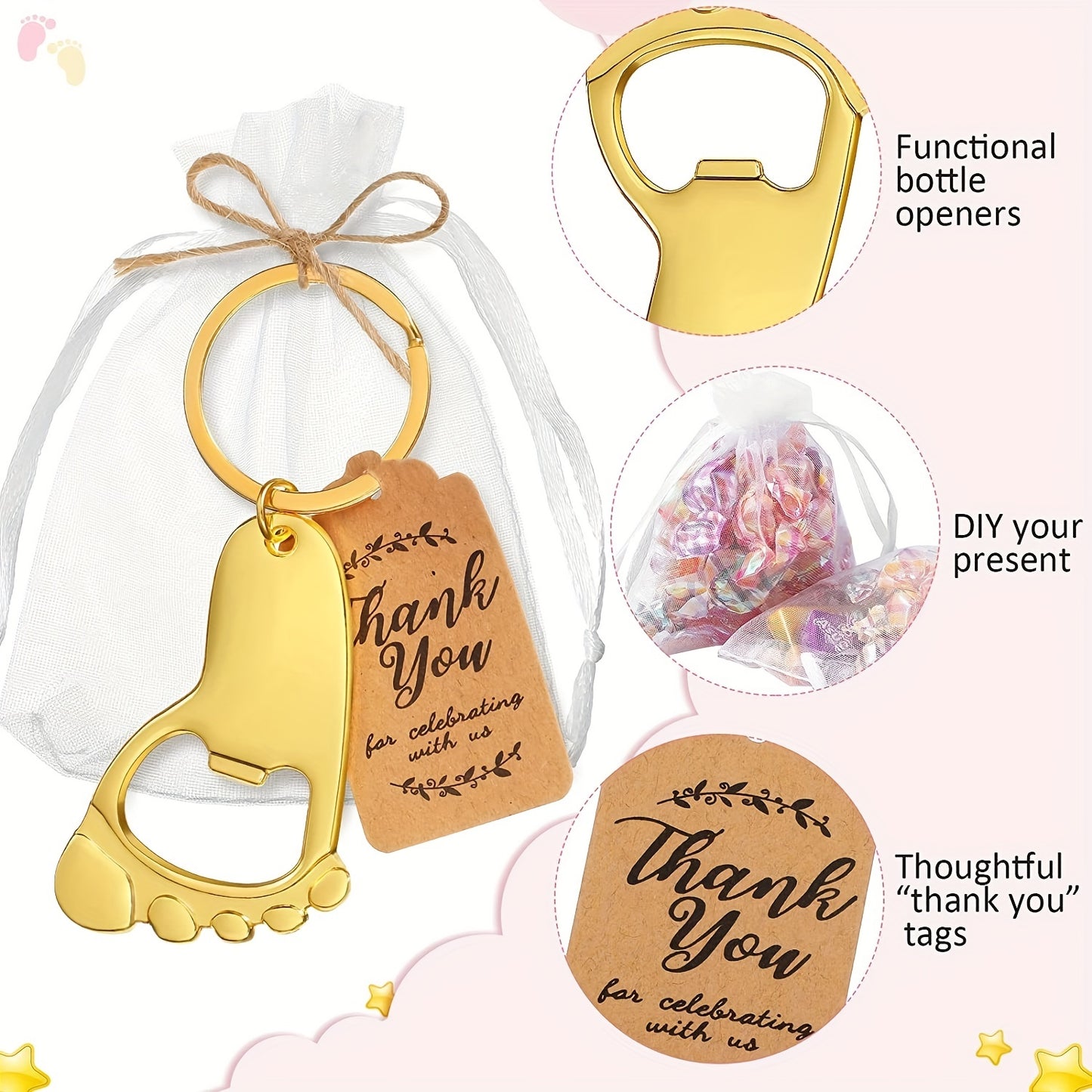 Set of 10 Footprint Keychain Bottle Opener Shower Favors with Organza Bag, thank you tag, and 30CM string