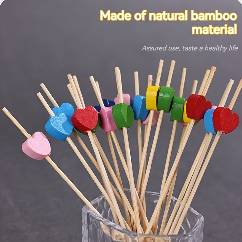 100 artistic bamboo fruit picks with love and plum blossom designs, disposable wooden cocktail decorations.