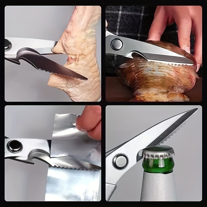 Sharp stainless steel kitchen scissors designed for home use, perfect for cutting through chicken, duck, and fish bones. Features a convenient fish scale scraper and is a helpful accessory for any small kitchen tool collection.