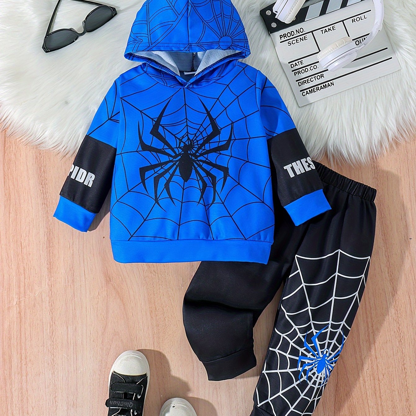 Boy's Spider Print Hooded Outfit Set, Web Pattern, Kid's Spring/Fall Clothes, 2pcs