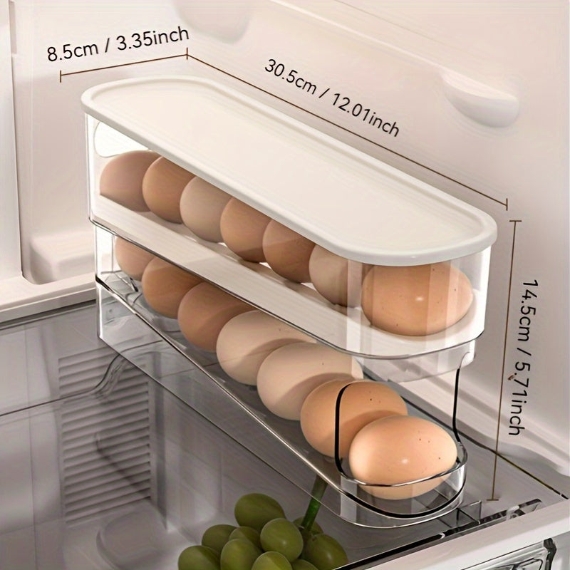 Compact double-layer egg storage box for refrigerator, made of durable, washable plastic. Perfect for home organization.