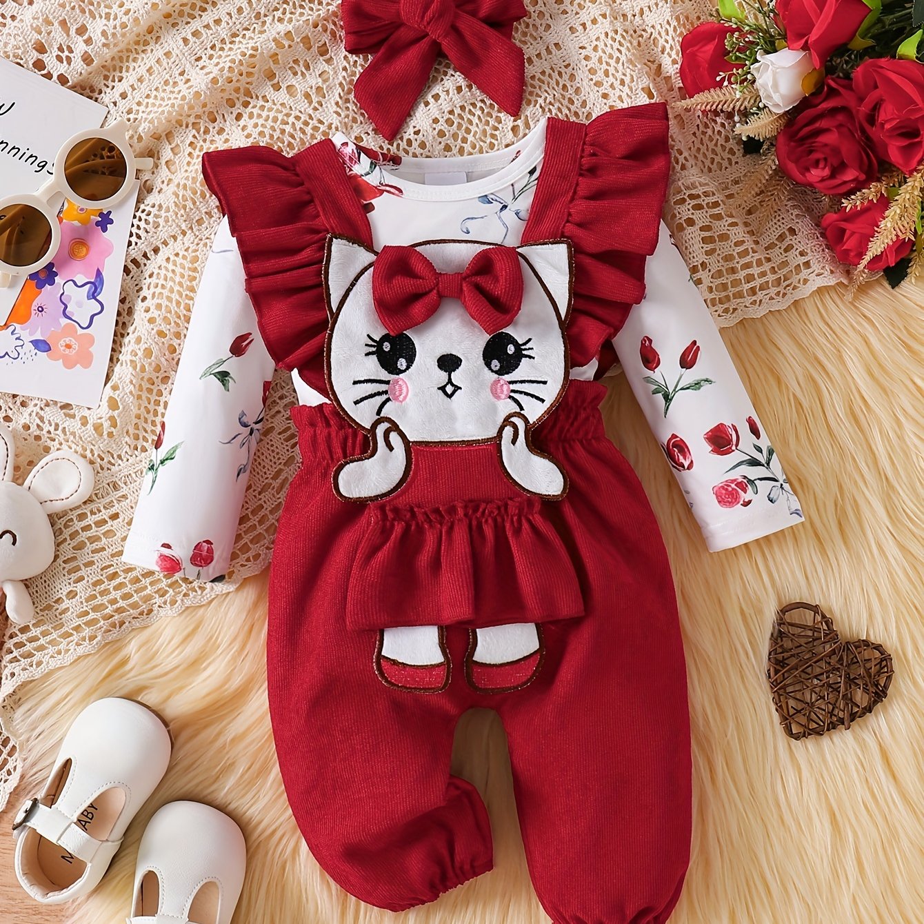 Cute Girls' 3-piece outfit: Floral romper, kitten overalls, and matching headband. Made of cotton blend, machine washable for fall/winter. Perfect for outdoor wear.