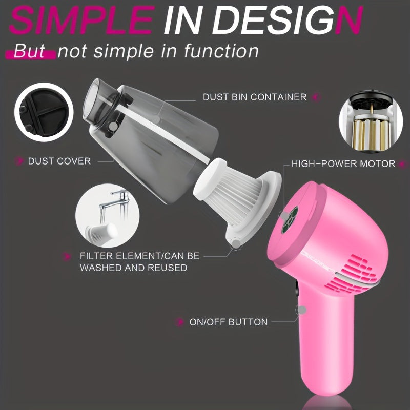 Portable mini handheld pink car vacuum cleaner with powerful suction, high capacity for wet and dry cleaning, perfect for removing pet hair and offering multifunctional use.