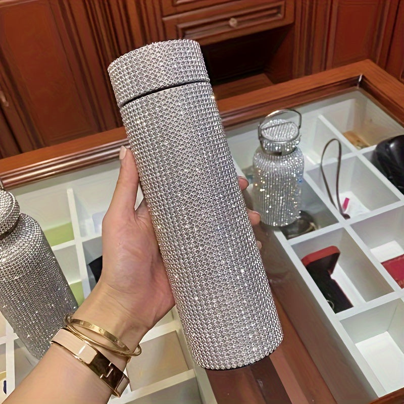 1pc Sparkling Studded Vacuum Flask, 16oz Stainless Steel Insulated Water Bottle for Hot and Cold Beverages, Travel Thermal Cup, Summer and Winter Drinkware Gift.