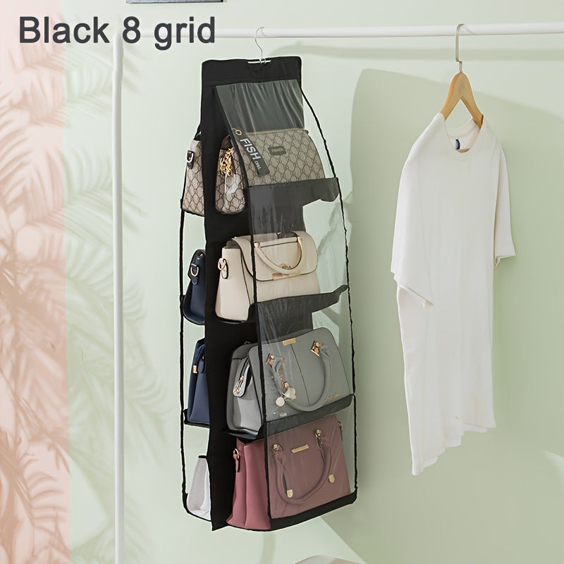 Elegant fabric wall hanging closet organizer with secure pockets in black & dark grey.