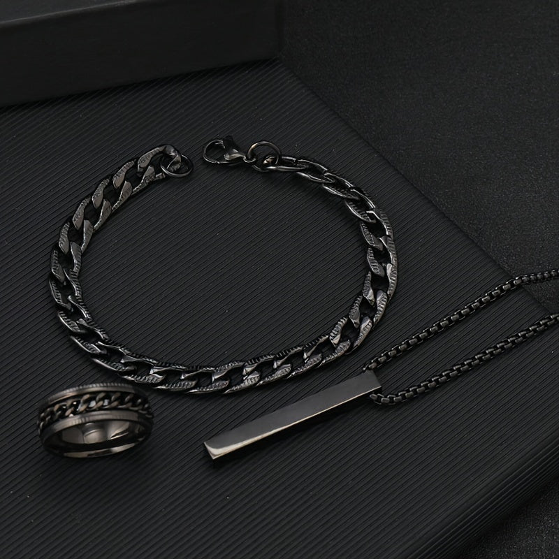 Casual Hip Hop Men's Stainless Steel Jewelry Set featuring Simple Rotatable Unzipped Ring, Black Statement Geometric Pendant Necklace, and Bracelet. Add a touch of style to your look with these accessories.