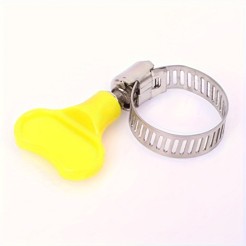 Twist-On Hose Clips: 12 Stainless Steel Clamps with Yellow Plastic Handles, Ideal for Plumbing and Automotive Repairs.