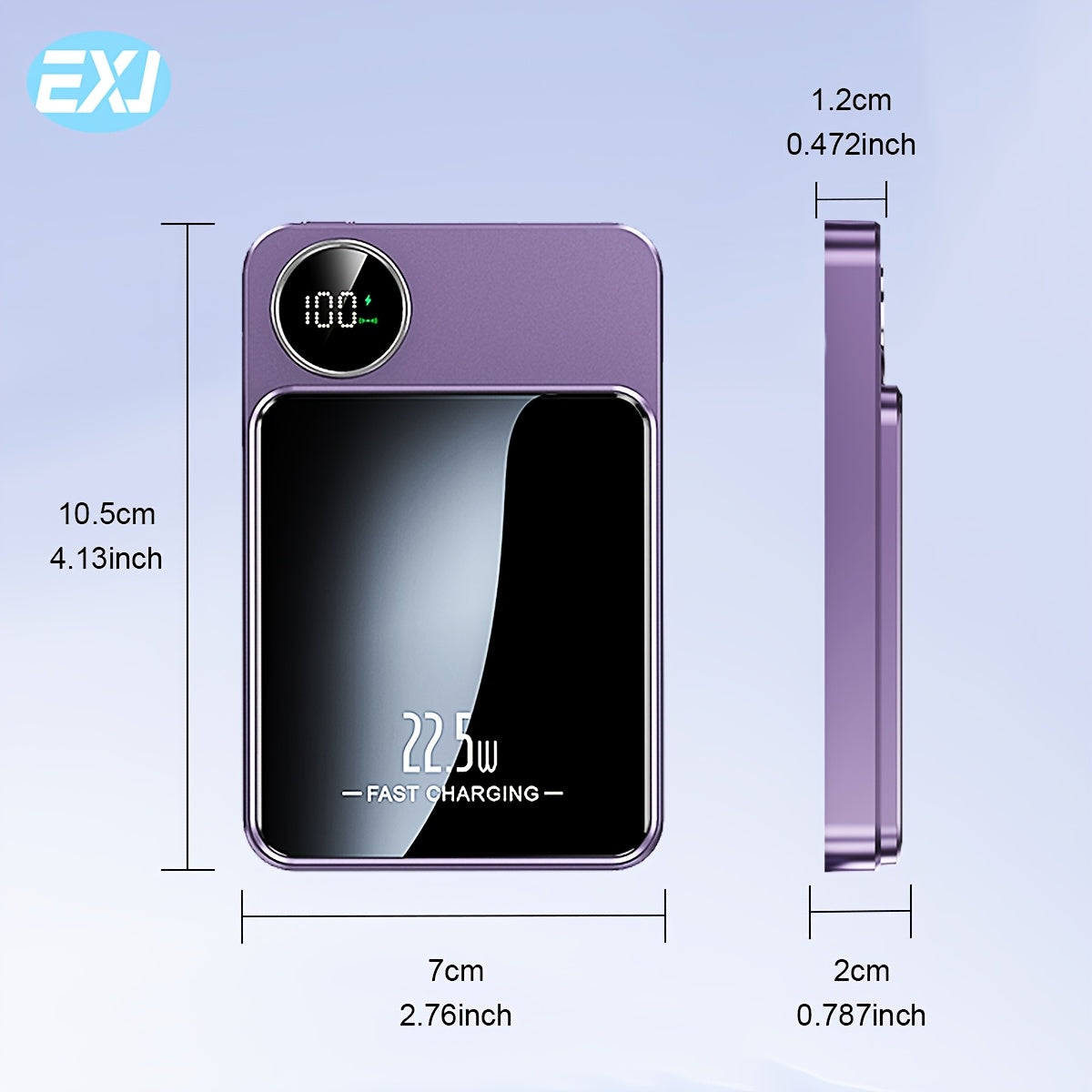 EXJ-PD 22.5W Magnetic Power Bank with USB-C cable, LED display, Mag-Safe, and PD fast charging for iPhone 16/15/14/13/12 models.