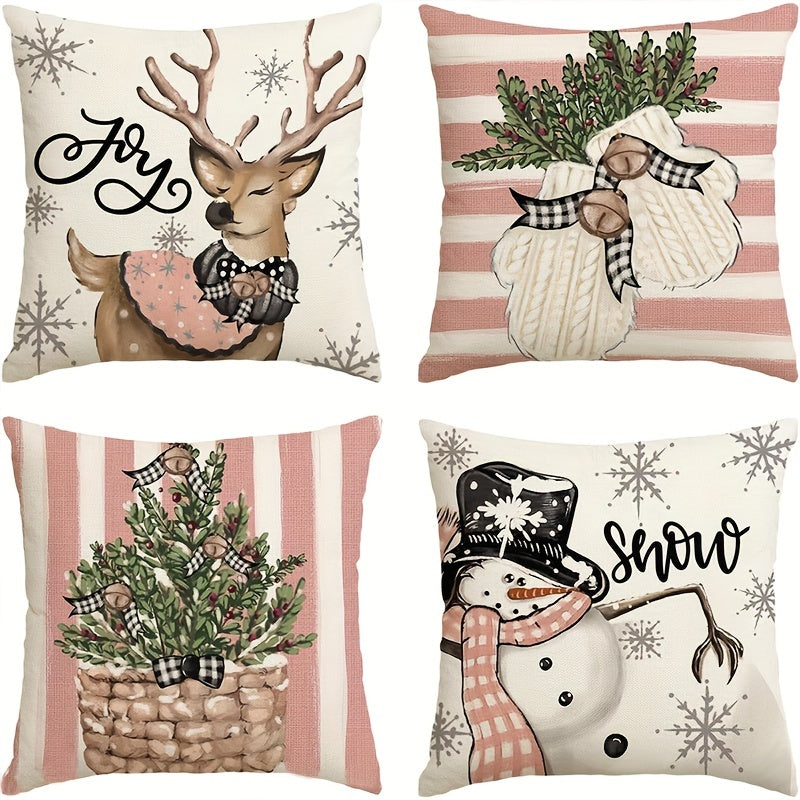 Set of four Christmas-themed pillowcases made of polyester fabric, suitable for home decoration in various settings, dimensions 45*45cm/17.7*17.7in, pillow core not included.