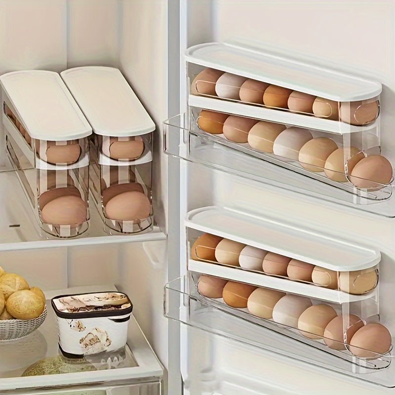 Introducing a convenient Double-Layer Transparent Automatic Rolling Egg Holder, perfect for the side door of your refrigerator. This innovative design makes accessing eggs a breeze, while also freeing up valuable space in your fridge. Versatile enough to