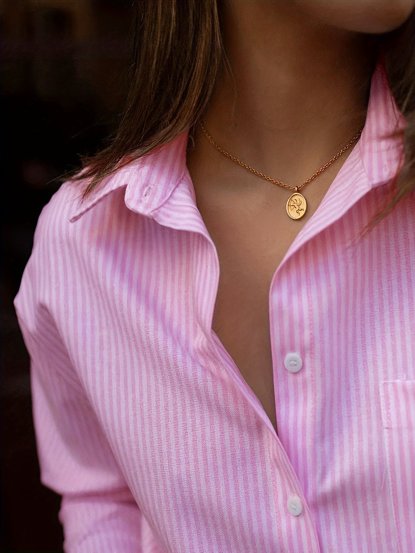 Stripe button front shirt, women's casual long sleeve lapel shirt for spring and fall.