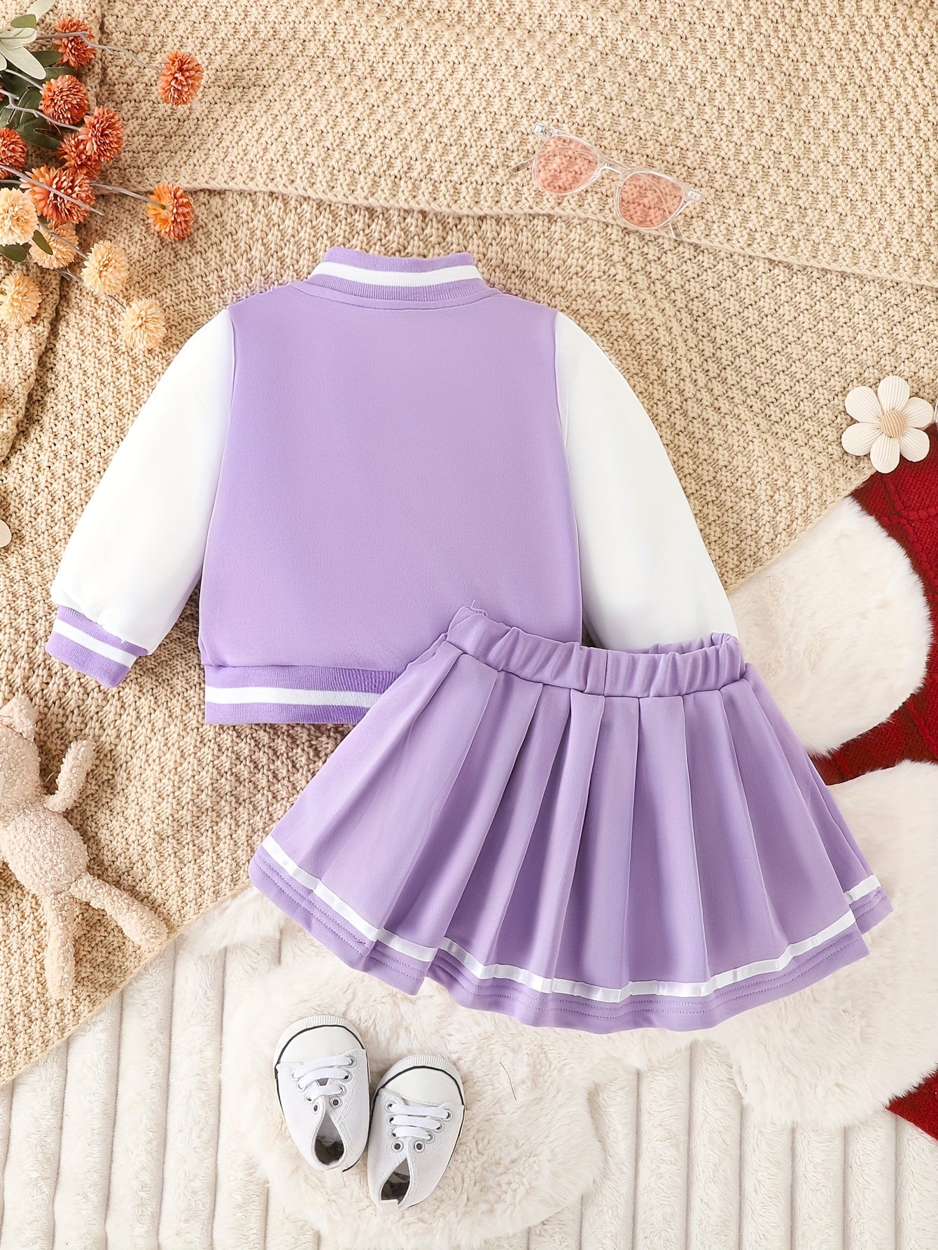 Preppy Style 2-piece BABY GIRL Print Baseball Jacket and Pleated Skirt Set for Parties and Sports, a perfect gift idea.