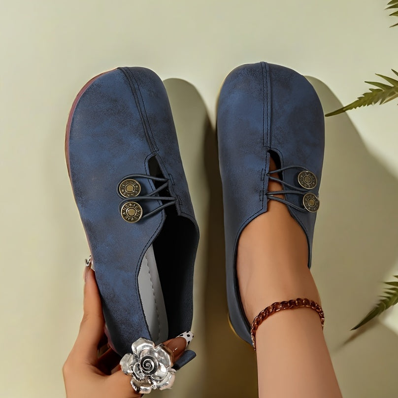 Women's casual single shoes with round toe and soft sole, featuring buckle decoration and solid color design.