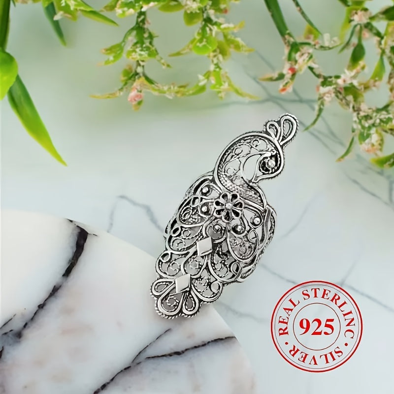 Elegant Bohemian-inspired Sterling Silver Peacock Hollow Ring, Ideal for Wedding and Anniversary Presents