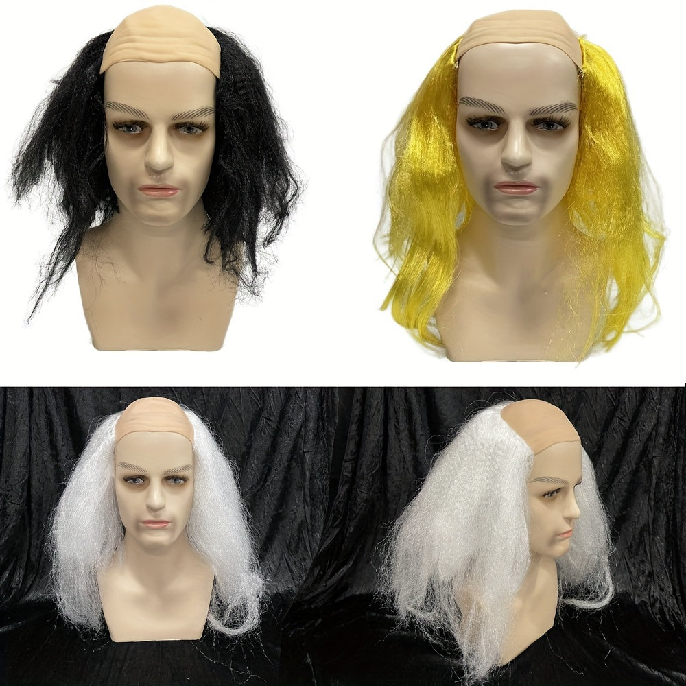 Colorful wigs for themed events and cosplay, including bald, black, white, and yellow options. Perfect for Christmas, birthdays, and other festive occasions. Amp up your party look with these fun dress-up accessories.