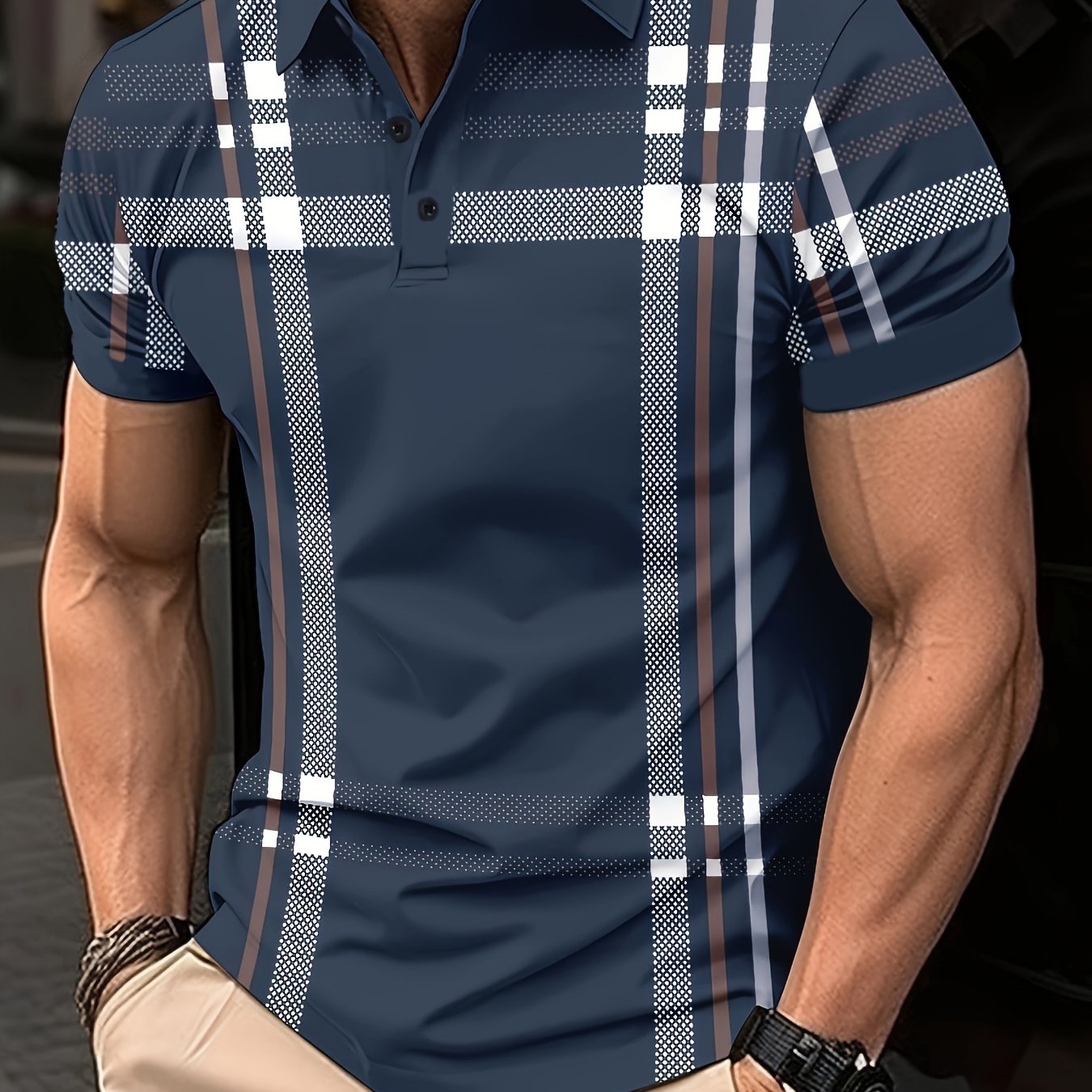 Men's retro plaid print short sleeve shirt, perfect for summer business travel. Features an orange and black/white checkered pattern in lightweight, machine washable polyester. Available in