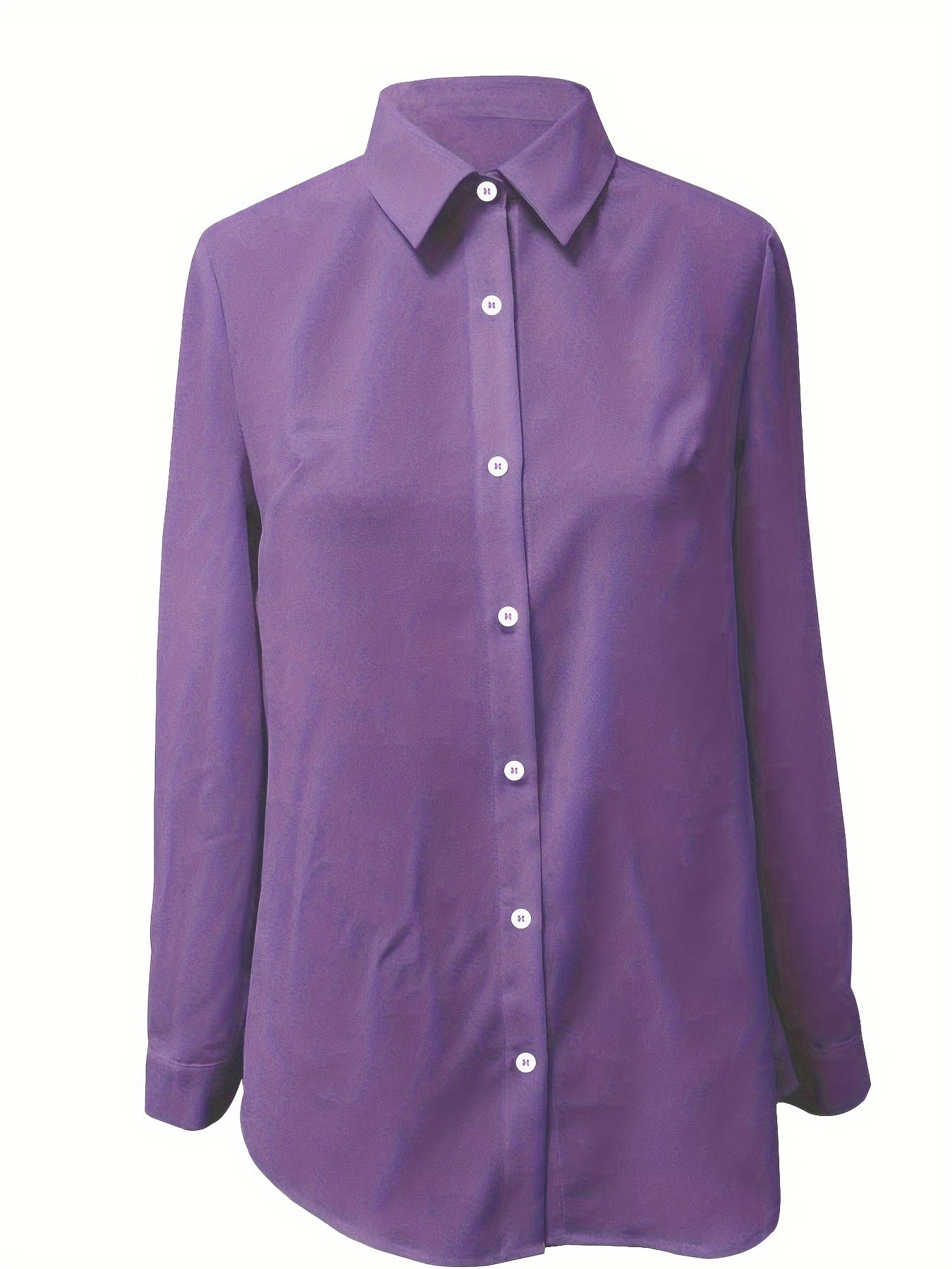 Women's Plus Size Elegant Button-Up Shirt in Solid Purple, Satin-Like Polyester Blend, Flowing Design, Machine Washable, Ideal for Casual Outings