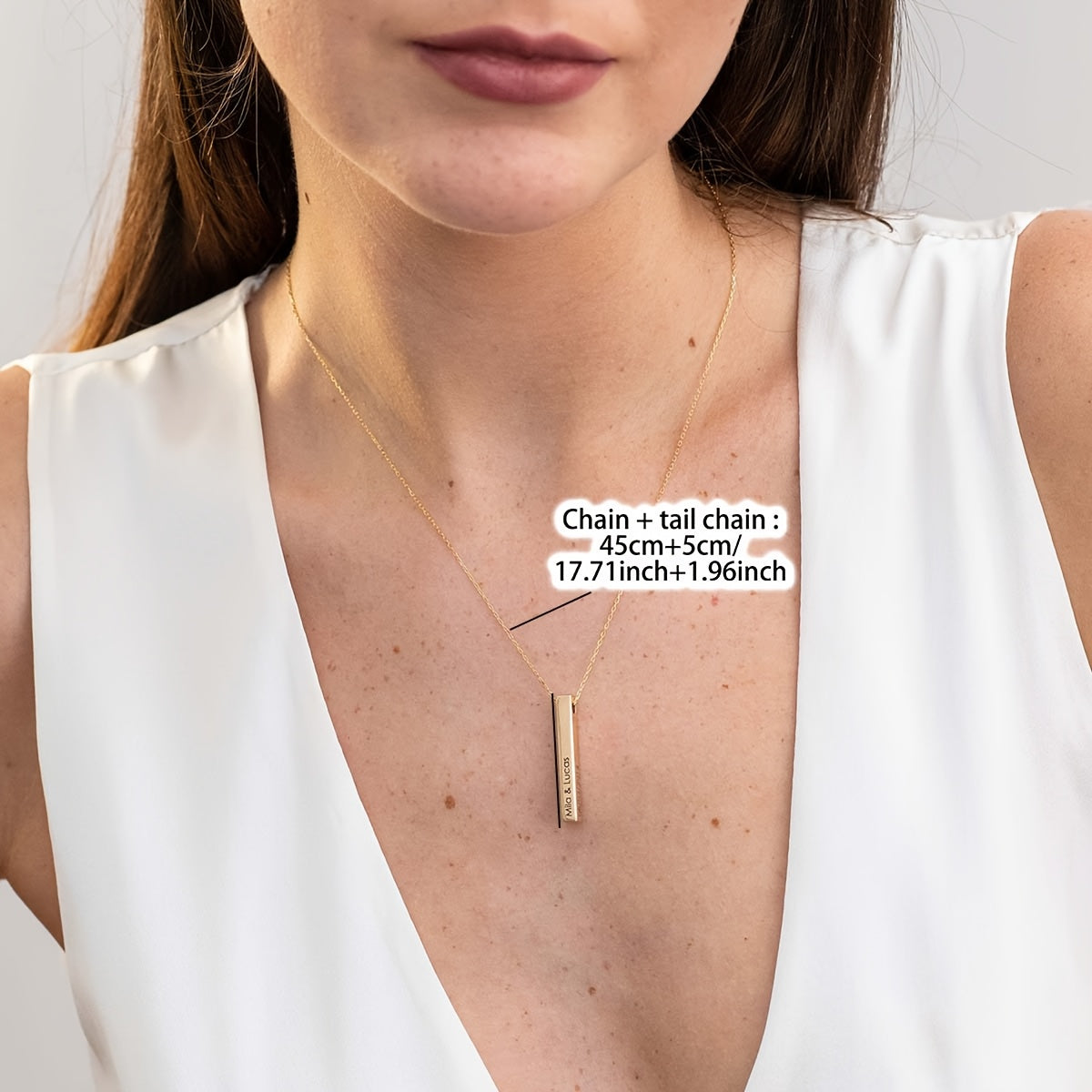 Stylish Customizable 3D Vertical Bar Pendant Necklace in 18K Gold Plated Stainless Steel, Laser Engraved with Personalized English Name, Boho Chic Style, Perfect for Everyday Wear or as a Gift for Women.