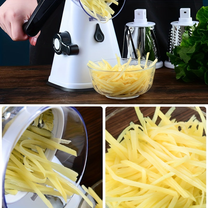 Handheld Kitchen Gadget with Safety Handle and Strong Suction Base - Manual Rotary Cheese Grater featuring 3 Stainless Steel Blades for Nut Grinding, Carrot Shredding, Fruit Slicing, and Potato Shredding.