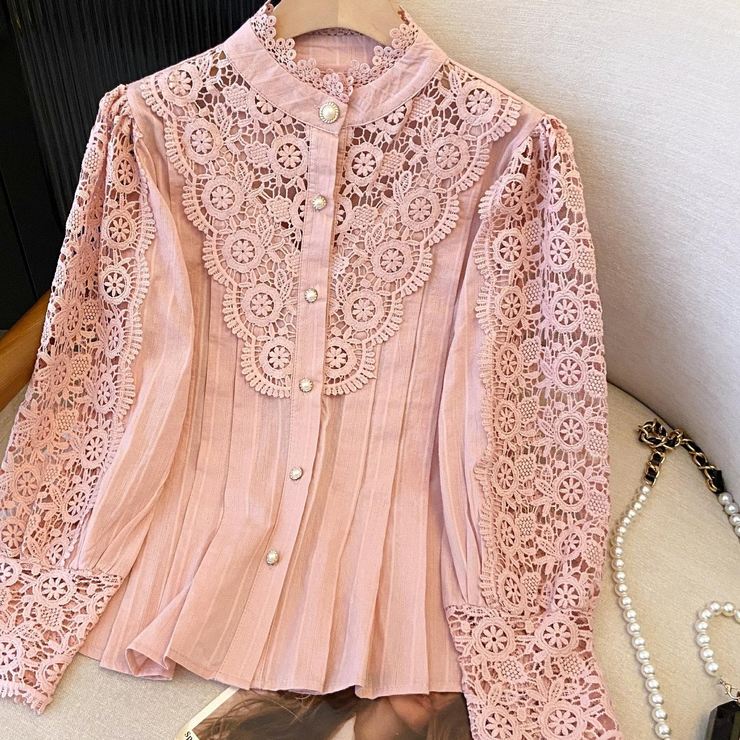 Spring and Autumn Lace Hollow Flower Panel Button Heavy Industry Long-Sleeved Standing Neck Shirt.