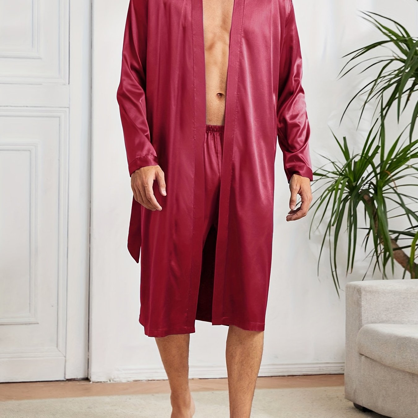 Men's simple style casual pajama sets, comfy solid robe, lace-up robe, and loose shorts home pajama sets.