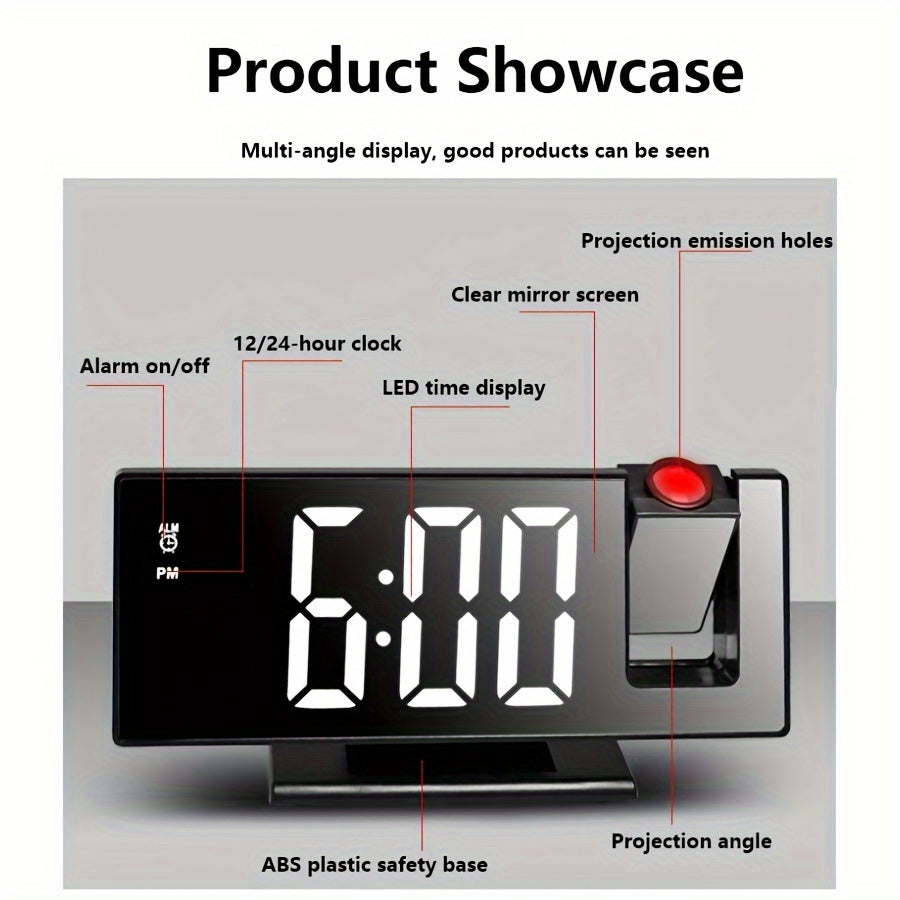 1pc Multi-Function LED Projection Alarm Clock with 180° Flat Display, Time-Date-Temperature Switching, USB Powered, Black Square Design, Modern Digital Clock with Adjustable Projection.