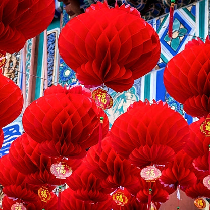 10 classic red honeycomb lanterns, paper hanging decorations for various occasions, no electricity necessary, suitable for festive home and garden decor.