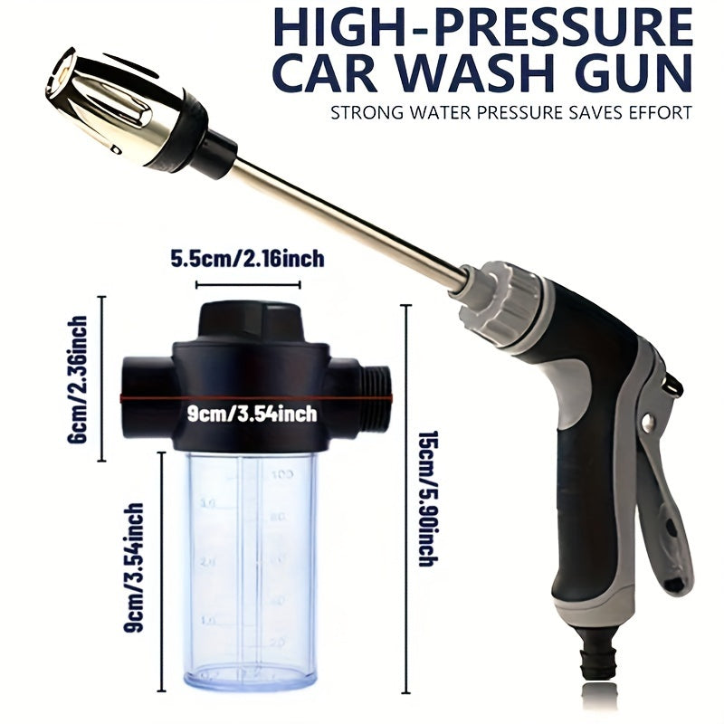 High-pressure foam gun with long handle and adjustable nozzle for cleaning, watering, and tire inflation. Includes foam cannon and pressure spray bottle.