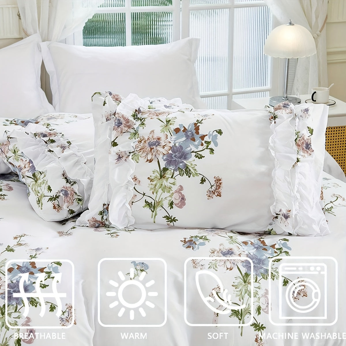 3-piece bedroom quilt cover set with floral print design, includes 1 quilt cover and 2 pillowcases. Features pleated craftsmanship, soft and washable fabric. Perfect for bedroom, dorm, or