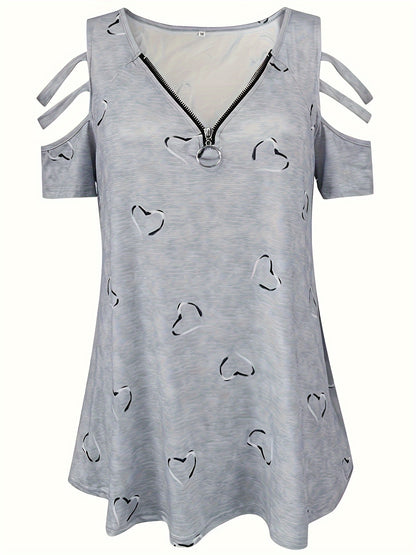 Plus size heart print zipper t-shirt for spring & summer. Casual cut-out short sleeve top for women's plus size clothing.