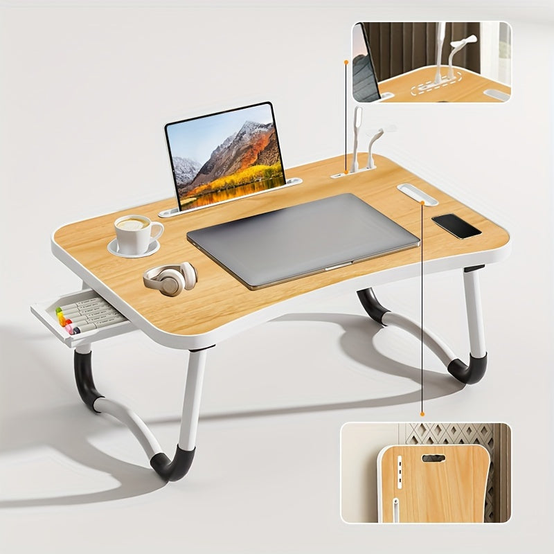 Large portable laptop bed desk with cup holder and drawer, great for eating, reading, and writing in bed, on sofa, or on floor.