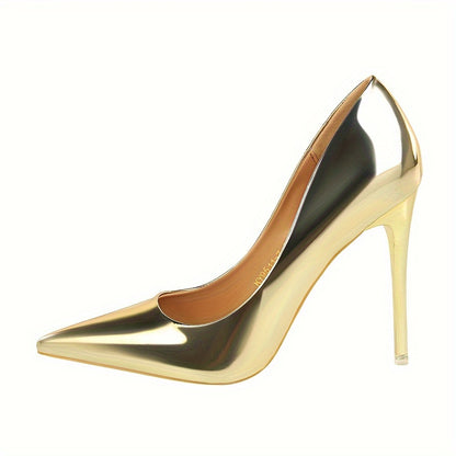 Elegant metallic stiletto heels for women with sleek pointed toe, transparent strap, and lightweight PU cover.