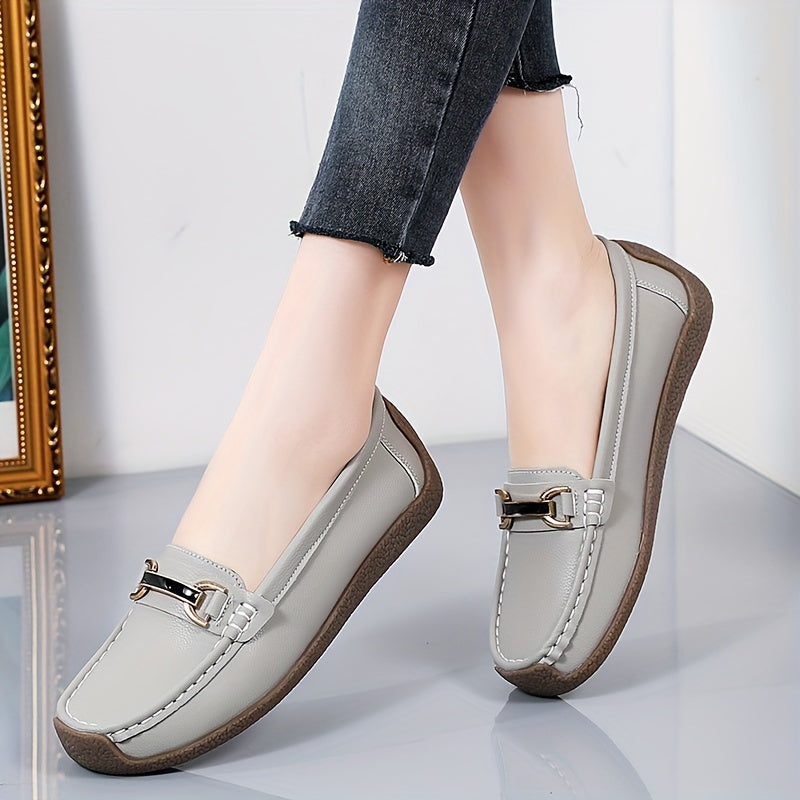 Women's metal decor loafers, casual slip-on flat shoes with lightweight faux leather material.