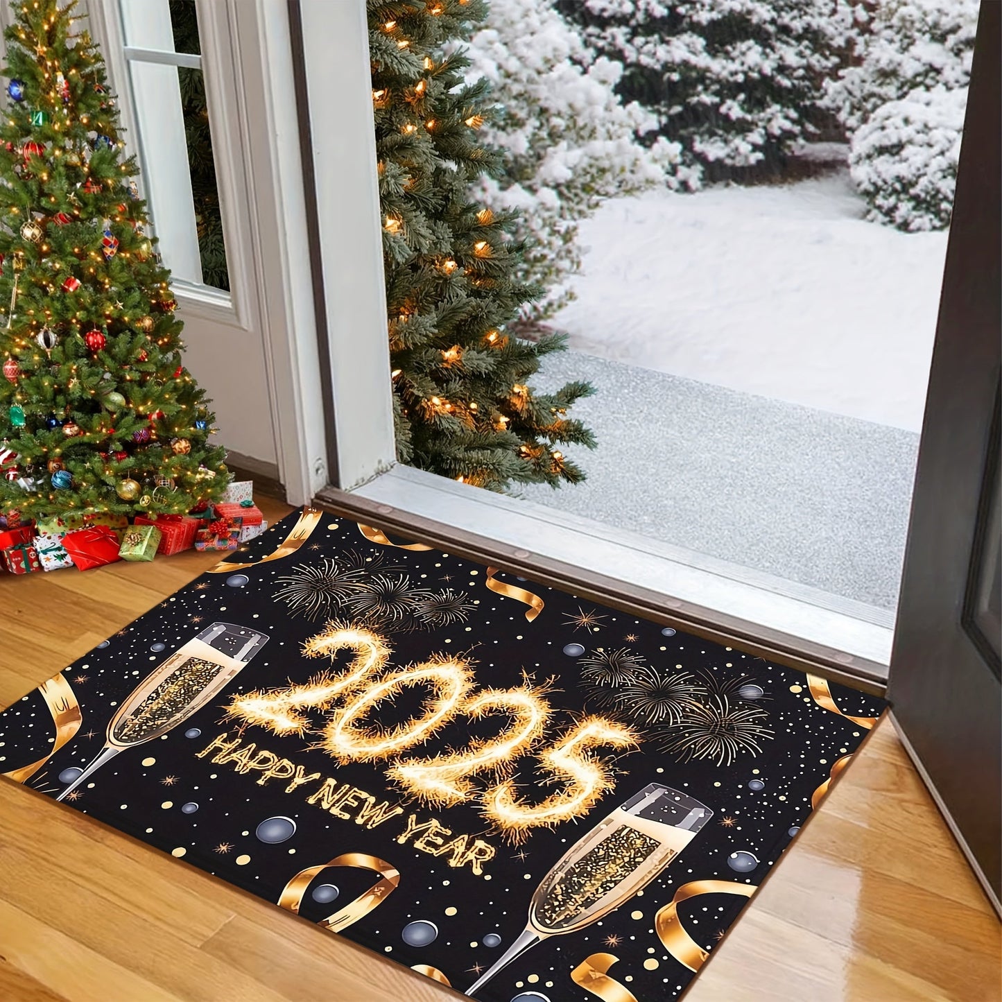 1 piece of rectangular polyester fiber doormat for the year 2025, featuring a festive Champagne cup print. This non-slip mat is machine washable and perfect for entryways, kitchens, living rooms, bedrooms, and bathrooms. It is lightweight, easy to clean