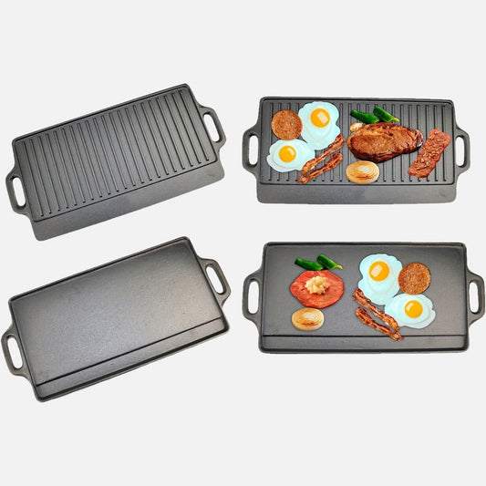 Qayta ishlanadigan temir griddle grill pan, 50 sm, yopishqoq skillet BBQ issiq plita - ichki pech yoki tashqi barbekyu BBQ uchun ko'p maqsadli pishirish panasi. Mukammal BBQ aksessuarlar.