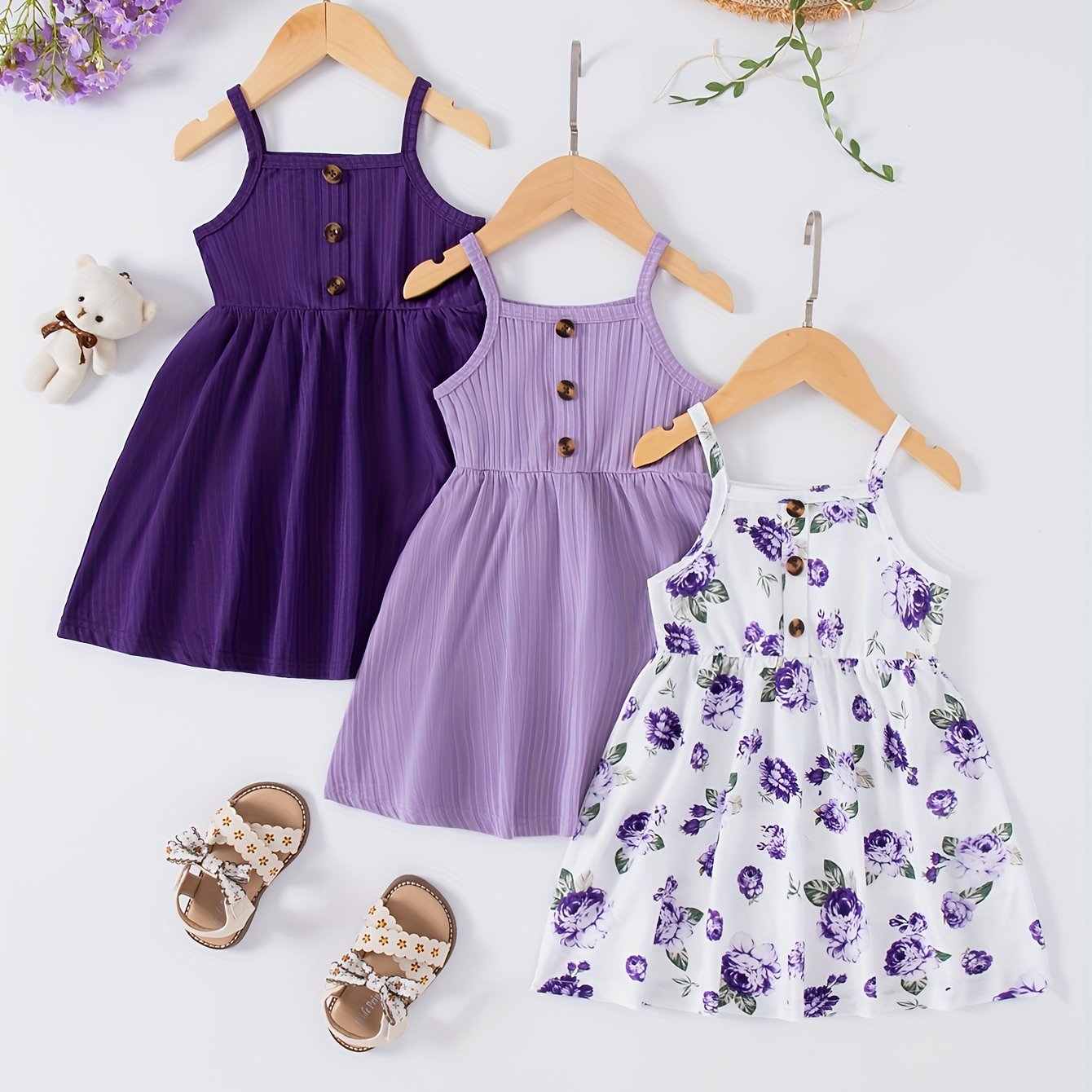 Infant & Toddler Girl's 3-piece Sleeveless Dress Set, perfect for Summer/Spring with Flower Print & Solid Color