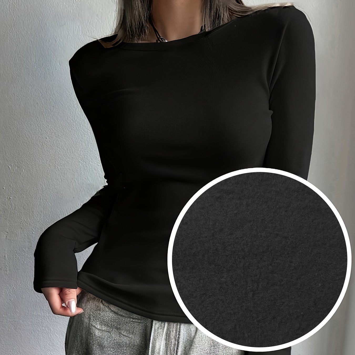 Basic Women's Crew Neck Top - Long Sleeve Solid Color Shirt for Fall/Winter - 95% Polyester, 5% Elastane Stretch Fabric