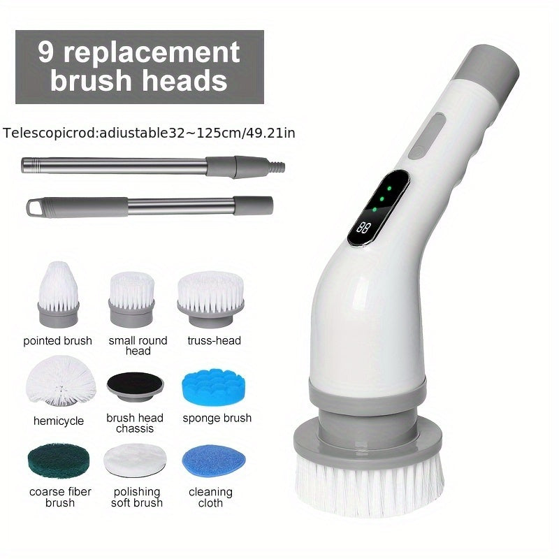 Introducing the innovative 9-in-1 multi-functional cleaning brush! This brush features adjustable speed settings, switchable intensity modes, and high-speed rotation for powerful cleaning. With a durable 1800mAh battery that is USB rechargeable, this